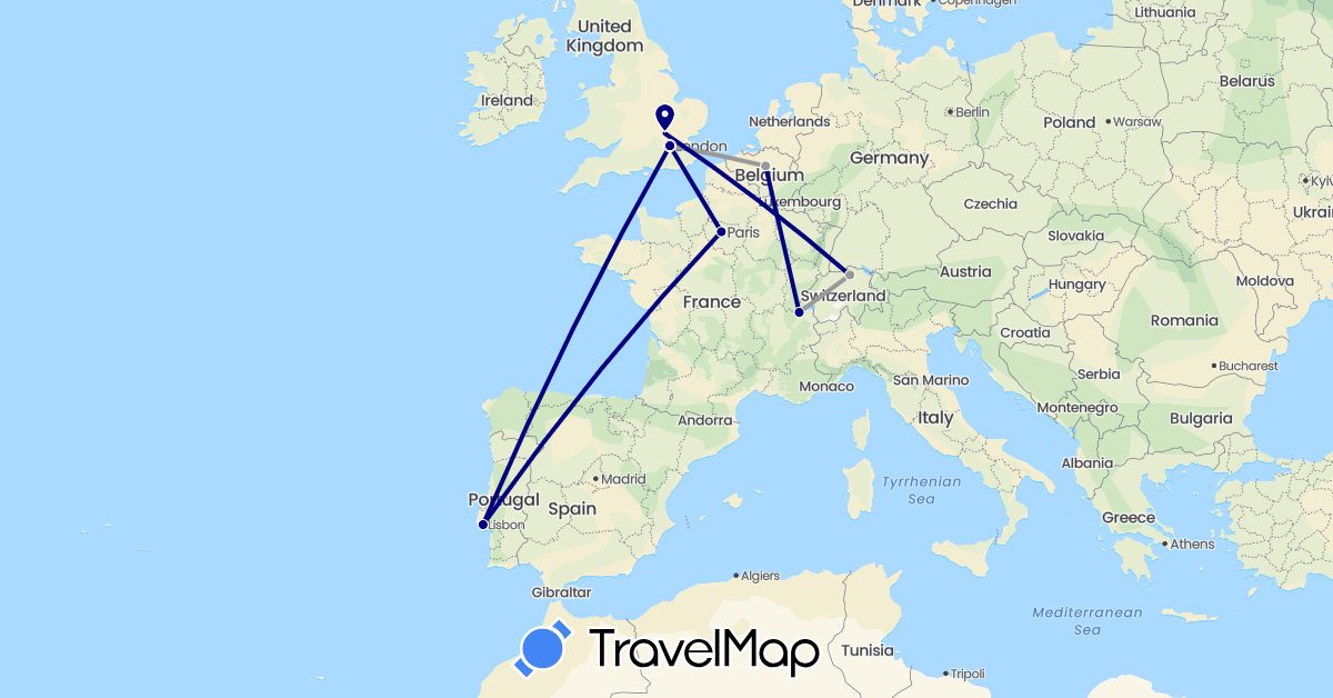 TravelMap itinerary: driving, plane in Belgium, Switzerland, France, United Kingdom, Portugal (Europe)